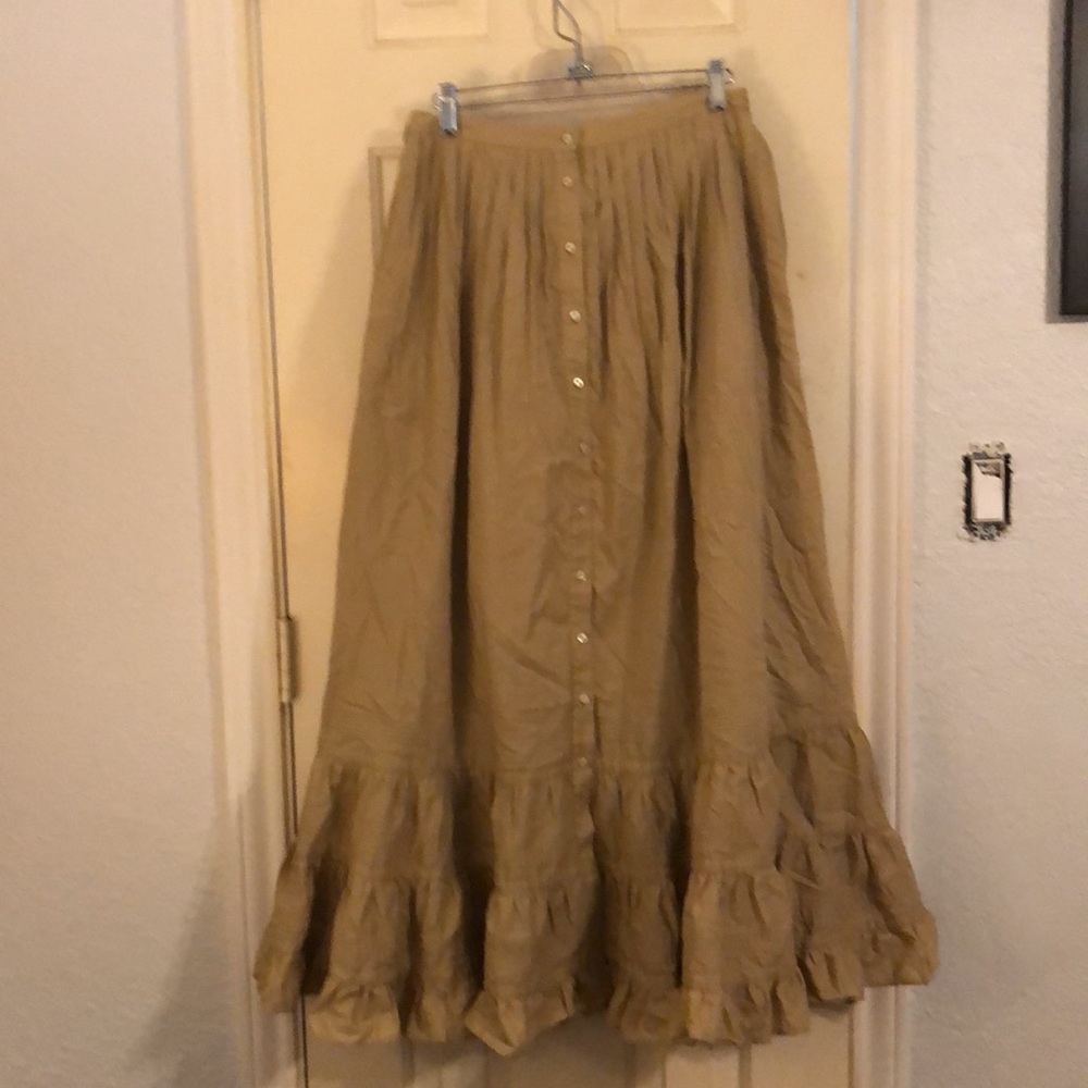 Ralph Lauren LAUREN sz 4 long beige khaki skirt ruffle pleats button down